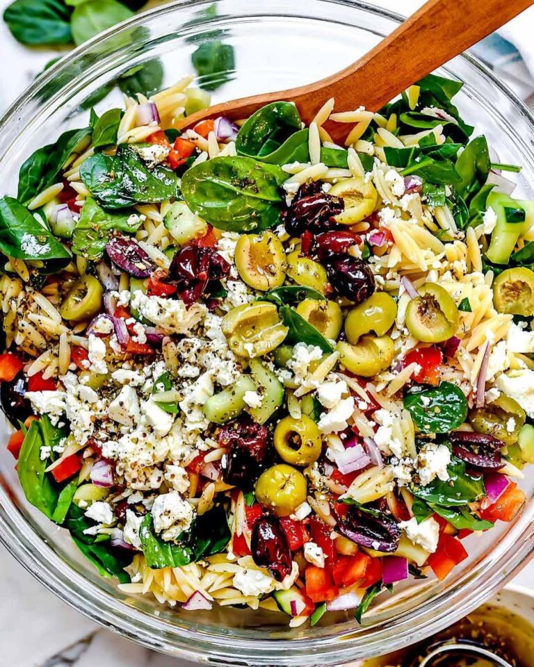 Healthy Mediterranean Orzo Salad Recipe – Fresh Veggies, Feta & Zesty Flavor